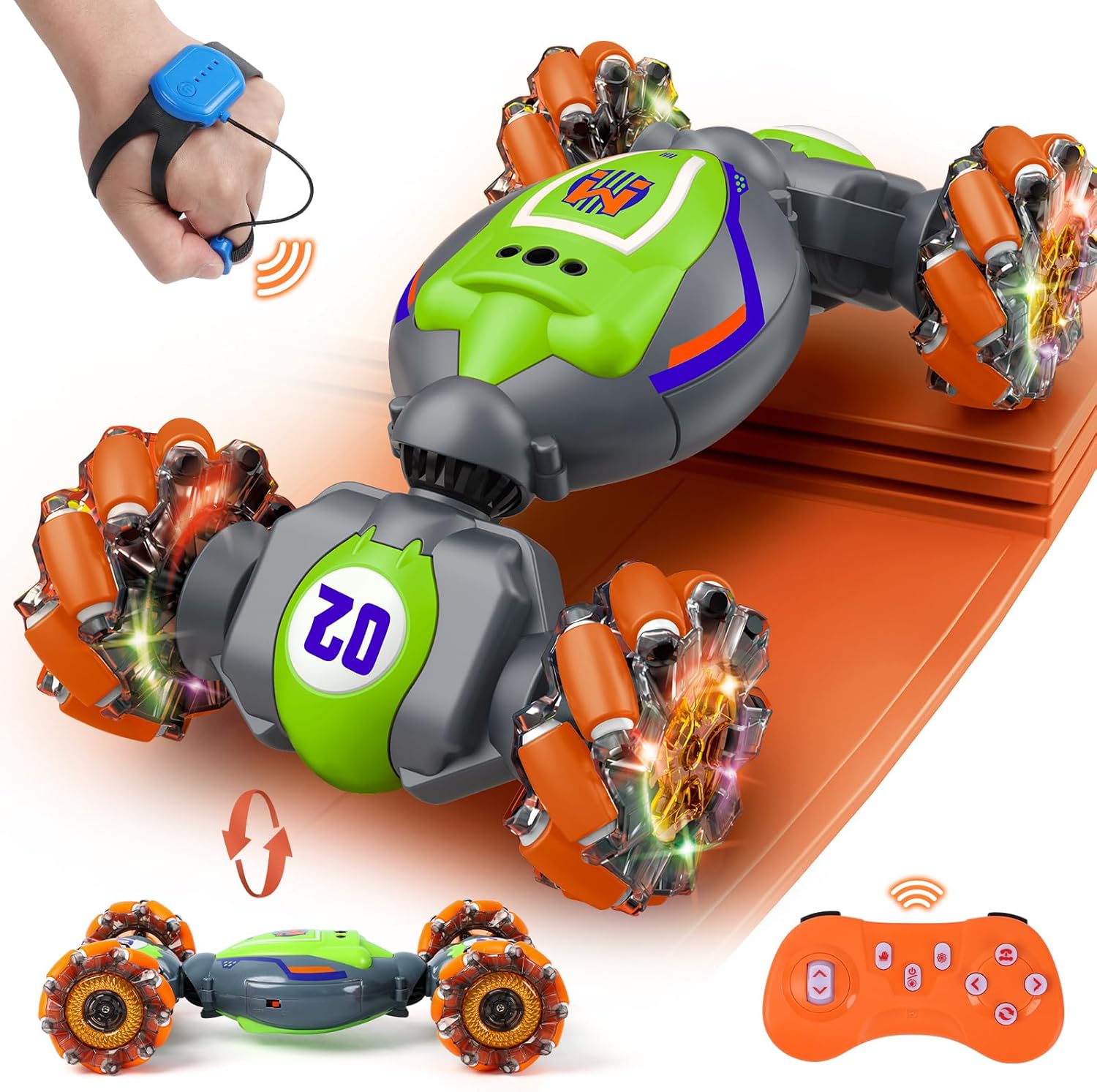 QXHOL gesture-controlled stunt car with green and orange design, flashing LED wheels, remote control, and hand gesture sensor, displayed on an orange ramp.