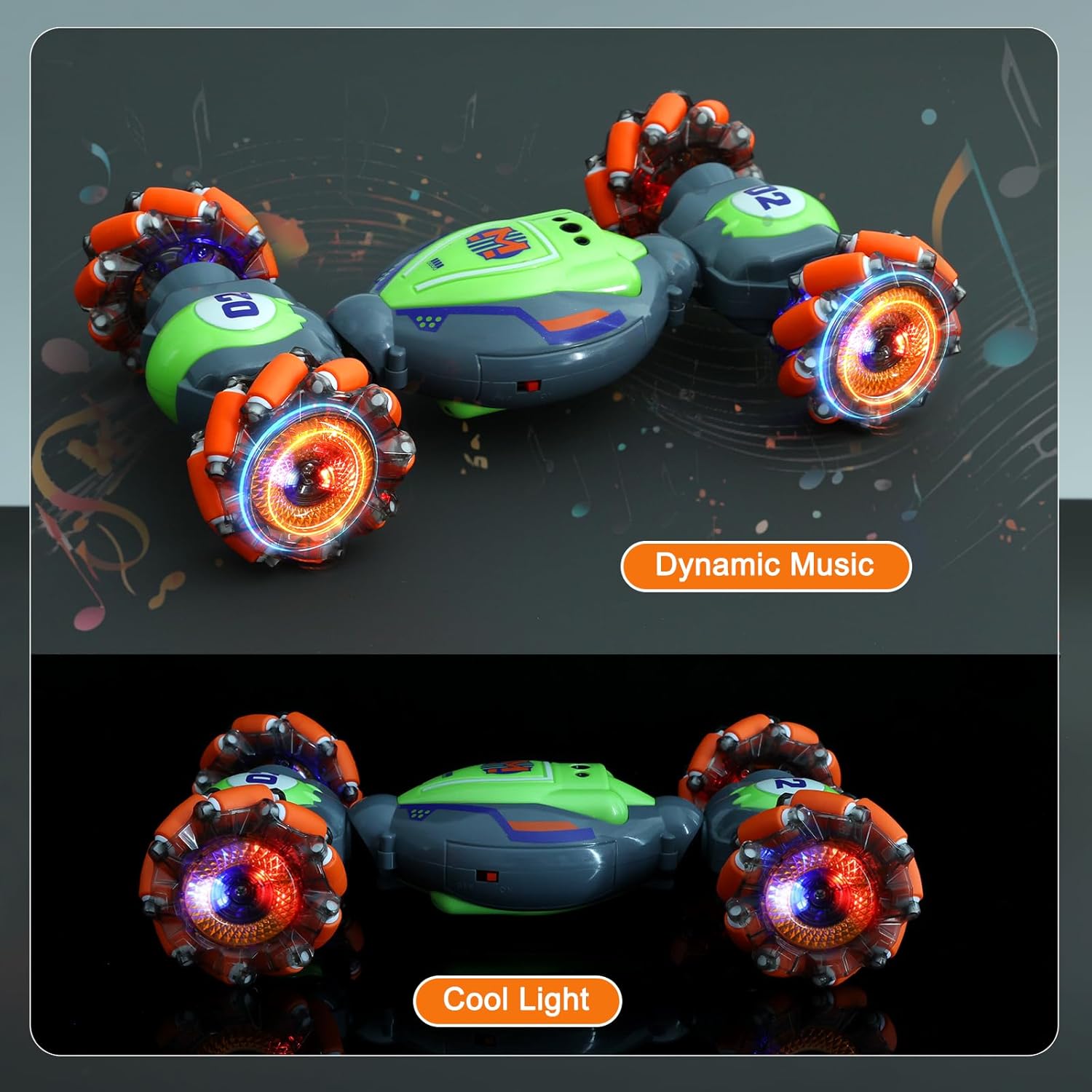 Dynamic music and cool light effects of the QXHOL green and orange gesture-controlled stunt car, featuring glowing wheels and a sleek design in a dark background setting.