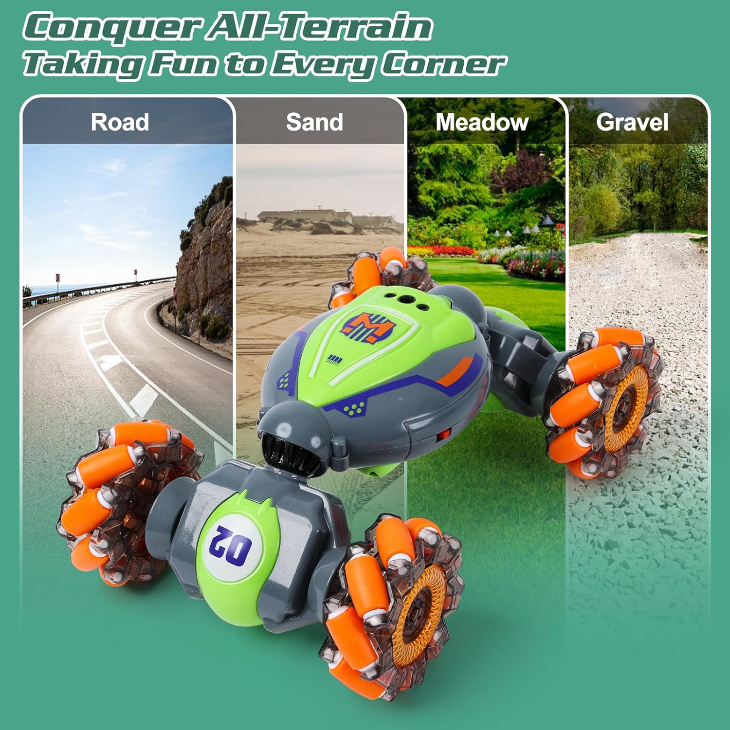 QXHOL green and orange gesture-controlled stunt car showcasing all-terrain performance, driving seamlessly on road, sand, meadow, and gravel surfaces.