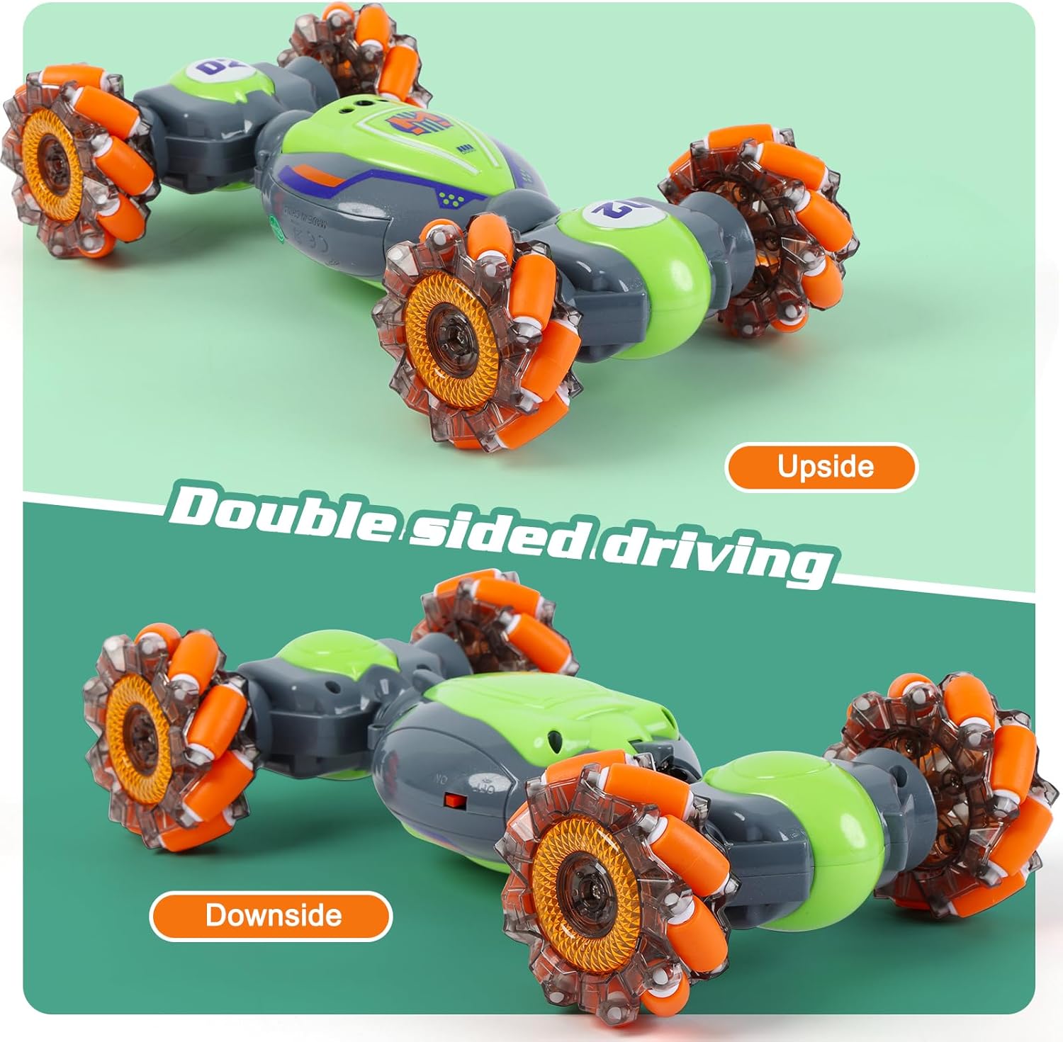 QXHOL green and orange gesture-controlled stunt car showcasing double-sided driving capability, with upside and downside views highlighted.