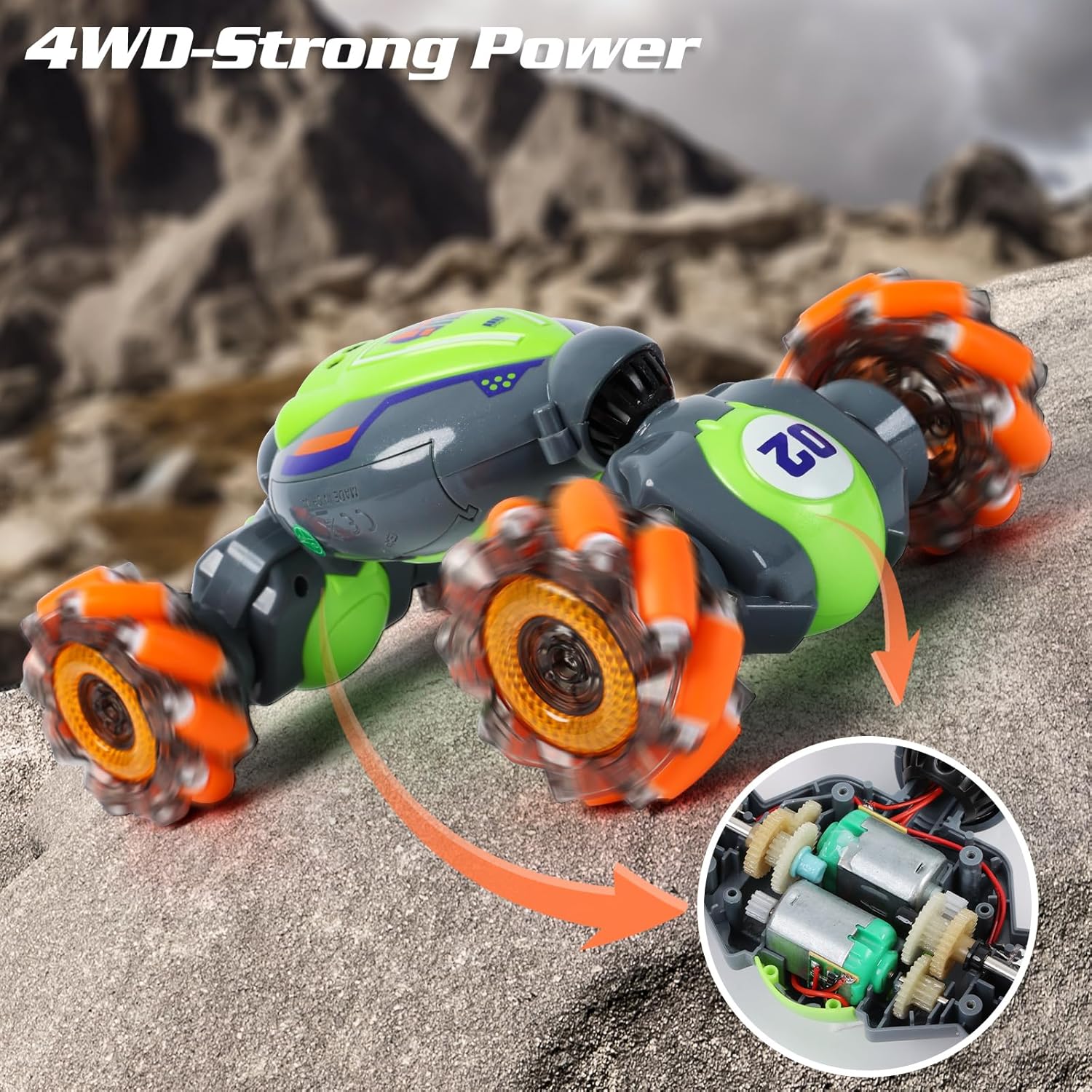 QXHOL green and orange gesture-controlled stunt car showcasing 4WD strong power and internal motor design for climbing rugged terrains.