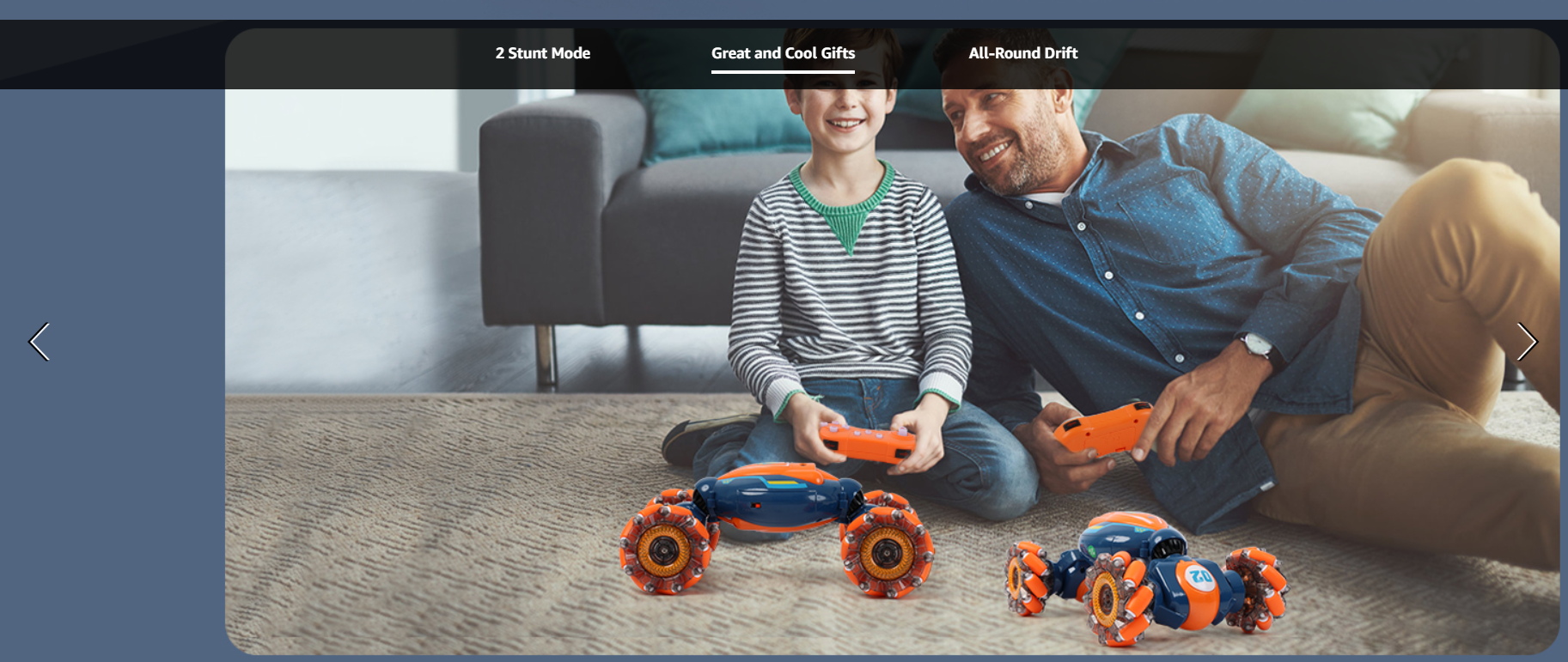 Father and son enjoying playtime with QXHOL RC Stunt Car, a perfect gift for bonding moments.