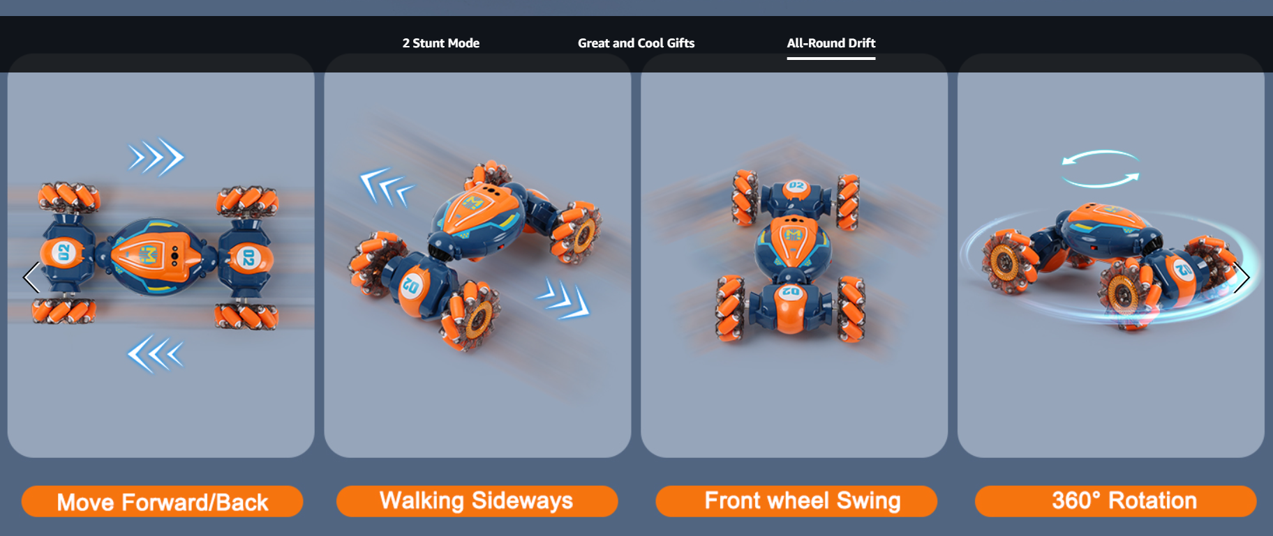 QXHOL RC Stunt Car demonstrating dynamic moves: Forward/Back, Walking Sideways, Front Wheel Swing, and 360° Rotation.