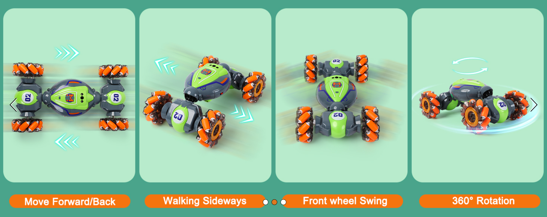 QXHOL RC Car: 360° rotation, front wheel swing, walking sideways, and move forward/back.