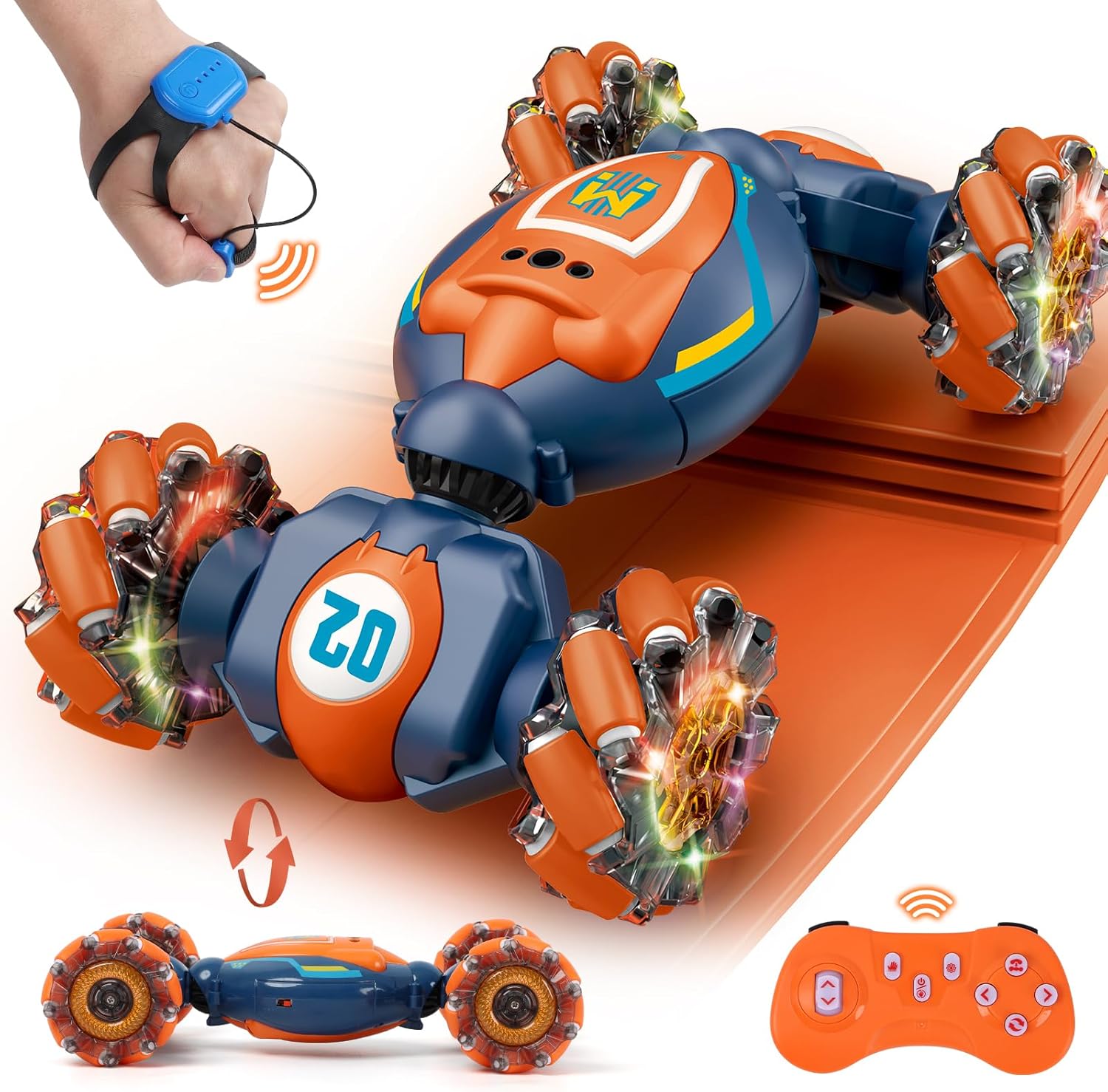 QXHOL Gesture-Sensing Stunt Car featuring 360° rotations, colorful LED wheels, and dual control modes with gesture and remote control